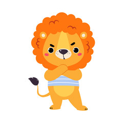 Obraz na płótnie Canvas Cute Lion Character with Mane in Striped Shirt with Grumpy Snout Vector Illustration