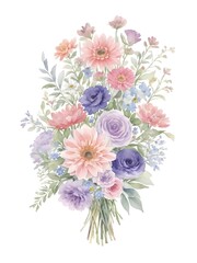 Watercolor Illustration of a Loose and Natural Bouquet of Flowers. Watercolor Bouquet of Pastel Flowers. Pastel Floral Arrangement in Watercolor Style. Generative AI