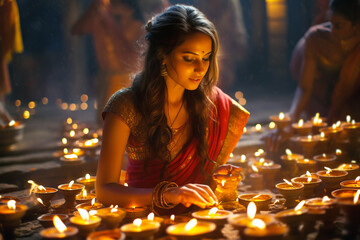 Obraz na płótnie Canvas Indian women wearing traditional dress lighting diya lamps at temple on Diwali night. Religious ritual. 