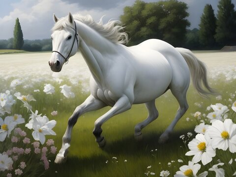 A realistic painting of a white horse running in a field of flowers Generative AI
