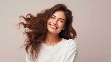 Naklejka premium Woman with Broad Smile, White Sweater, and Long Hair 
