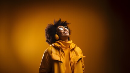 Sunlit Happiness: Black Woman Glows with Delight in Yellow Ambiance