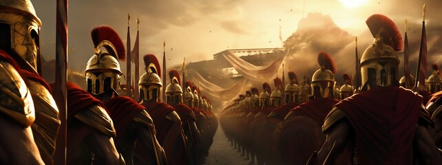 Legion of Spartan Warriors in Battle. Generative ai - obrazy, fototapety, plakaty