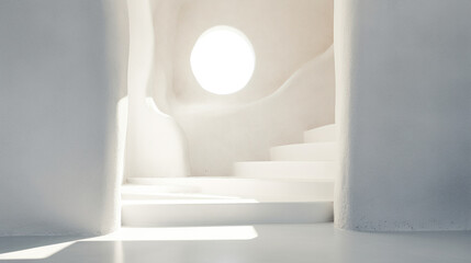 Minimalistic white interior, raw limestone texture, textured stone background, warm color palette, 3D rendering of a room in bright sunlight. Generative AI