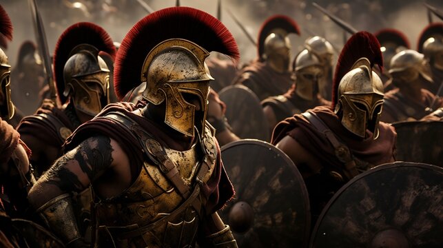 Legion of Spartan Warriors in Battle. Generative ai