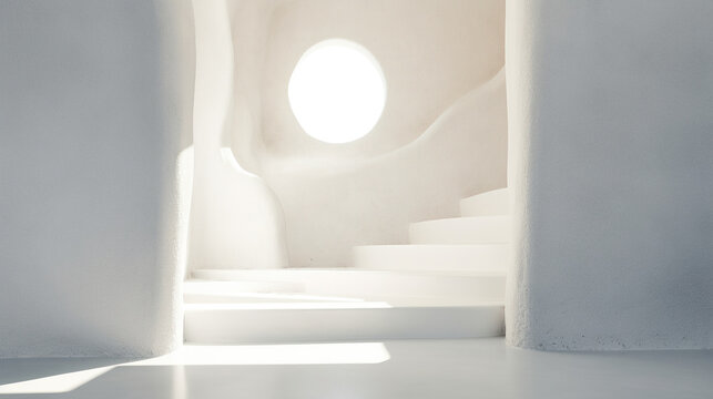 Minimalistic white interior, raw limestone texture, textured stone background, warm color palette, 3D rendering of a room in bright sunlight. Generative AI - Powered by Adobe