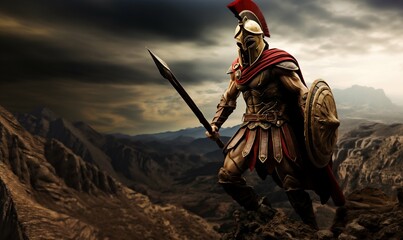 Spartan Warrior Overlooking from Mountain Summit. Generative ai - obrazy, fototapety, plakaty