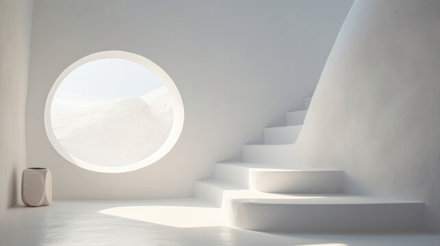 Minimalistic white interior, raw limestone texture, textured stone background, warm color palette, 3D rendering of a room in bright sunlight. Generative AI