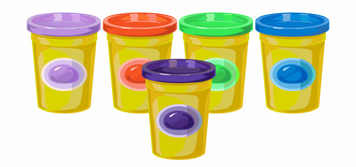 Yellow boxes with plasticine, plastic cup with lid, many colors, stand in a row. 