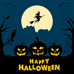 Happy halloween illustration with silhouette of castle at glowing moon and dead trees near cemetery crosses flat.