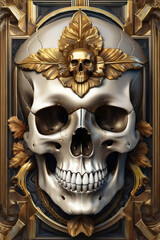 Black skull with gold details, leaves and flowers. Tortuous image. face of death Day of the dead cranes.