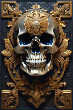Black skull with gold details, leaves and flowers. Tortuous image. face of death Day of the dead cranes.