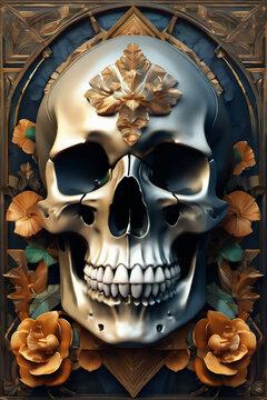 Black skull with gold details, leaves and flowers. Tortuous image. face of death Day of the dead cranes.