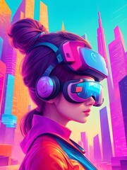 a colorful and futuristic illustration of a woman with vr headset and a cityscape in the background Generative AI