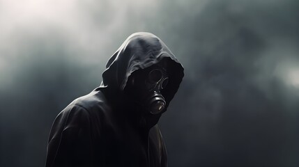 Fototapeta na wymiar A Mysterious Figure in a Gas Mask and a Black Cloak Generative AI