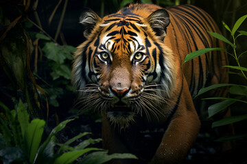 Obraz na płótnie Canvas A Sumatran Tiger Prowls Through The Dense Rainforest