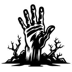 Zombie hands silhouette. Creepy zombie crooked lambs stick out of graveyard ground vector illustration