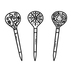 Wooden Russian spoons painted under Khokhloma. Kitchen utensils. Old traditional Russian culture. Slavic symbols. Black and white vector isolated illustration hand drawn doodle