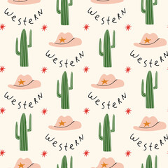 Western. Vector pattern in wild west style with cowboy hat and cactus.  Great for wallpaper, backgrounds, packaging, fabric, scrapbook