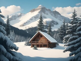 A Cozy Log Cabin in a Snowy Mountain Landscape, A stylized landscape of a snowy mountain with pine trees and a cabin Generative AI