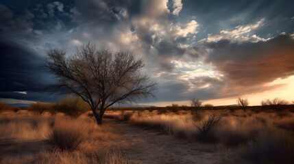 Fototapeta premium A Lonely Tree and a Glowing Sunset in a Field of Grass Generative AI