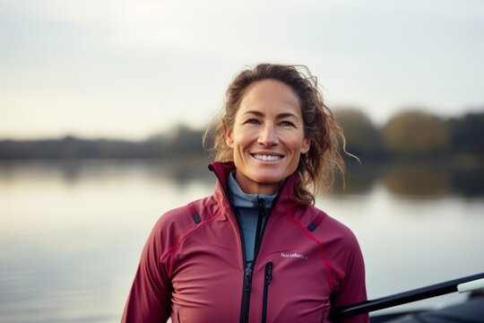 Portrait of a smiling woman rowing on a boat in a lake
