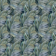 Seamless pattern of watercolor tropical palm leaf. Hand drawn illustration. Botanical hand painted floral elements on dark background.