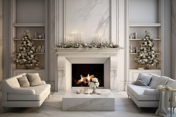 Christmas tree and gift boxes near the cozy fireplace in the traditional living interior