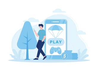 play games and get jackpot money concept flat illustration