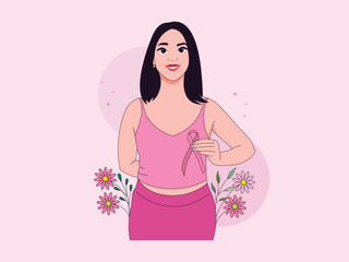 breast cancer awareness month for disease prevention campaign and diverse ethnic women with pink support ribbon symbol on chest concept, flat vector illustration