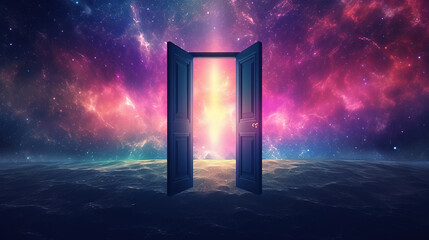a door opening into a colorful galaxy. Generative Ai