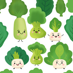 A cute set of various cartoon characters from white radish and Chinese mustard greens on white backgrounds. Vector illustration.