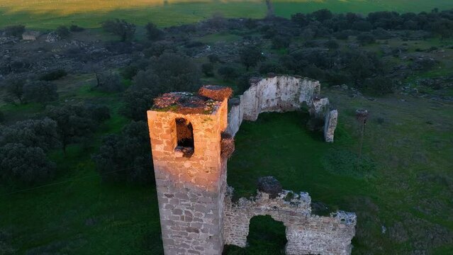 Ruined church near Navalmoral de la Mata. Aerial view at sunset from a dro. Navalmoral de la Mata. Caceres. Estremadura. Spain. Europe