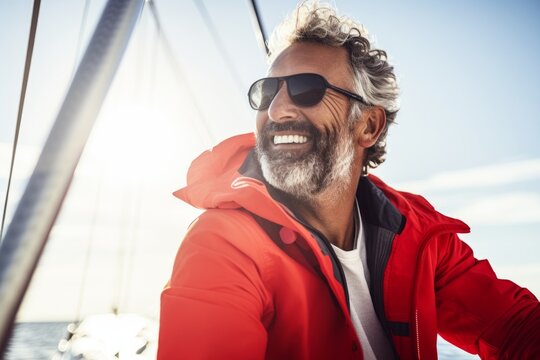 Portrait of a handsome senior man in red jacket and sunglasses on the deck of a sailing yacht