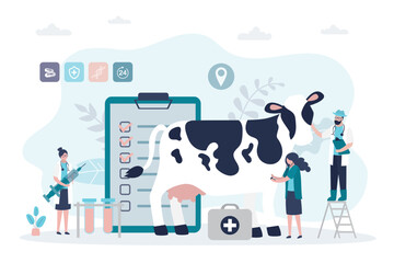 Group of veterinarians with cow. Veterinary services, health check center. Vet clinic services. Medical checkup for farm animals. Agriculture industry.