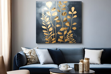 modern living room Captivating Plant Silhouettes Gold, Black, Blue, and Gray Interior Canvas Painting with Stunning Background