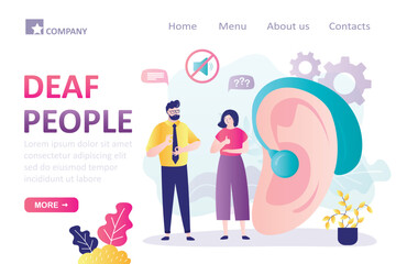 Deaf mute communication. Giant hear with hearing aid. Sign language and hearing loss. Deaf people talking with gestures, landing page template. Aid hear impaired ear deaf-mute people