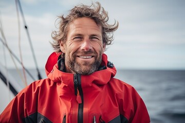 Smiling man in red jacket looking at camera while standing on sailing boat