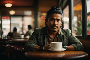 Mexican man sitting in a coffee shop 