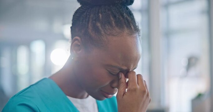Black woman, nurse and crying, sad and mental health with depression, help and psychology with stress at work. Fatigue, healthcare and burnout with mistake, fail with reaction to news and overwhelmed