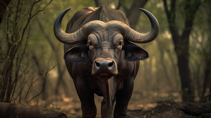 Naklejka premium Buffle africain, face à la caméra, hyper-détaillé, en haute définition