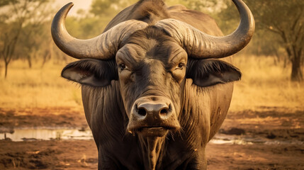 Naklejka premium Buffle africain, face à la caméra, hyper-détaillé, en haute définition