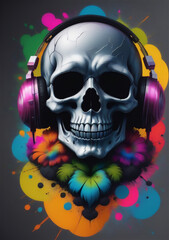 a close up of a skull with headphones on it