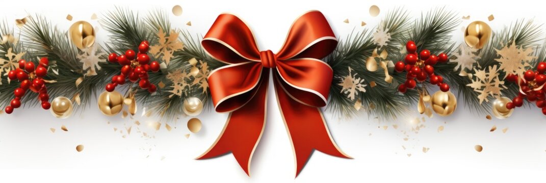 christmas background with red ribbon and bow , branch pine