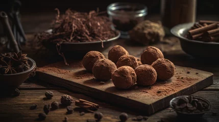 Poster Chocolate truffles with cinnamon, anise, and coffee beans on a wooden table. © Matthew