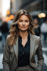 Obraz premium Beautiful woman outside in a city (AI Generated)