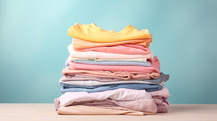Stack of colorful clothes. Pile of clothing on table empty space background. Laundry and household.