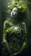 Guardian of Nature. Statue of a woman covered in green moss, plants and roots in the wood - Water nymph, naiad, fairy, mystical myth and legend, spirit of the forest.