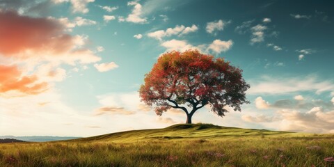 majestic tree in the grassland with blue sky.