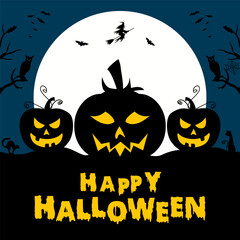 Happy halloween poster banner with green pumpkin haunted house on full moon vector illustration.